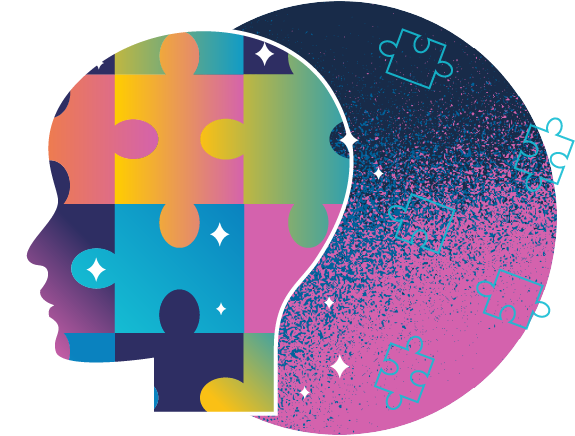 Colorful graphic of a human head in profile that is filled with puzzle pieces, a common image for neurodivergence. 